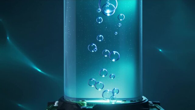Bubbles rising beside a submerged circuit board in coolant macro