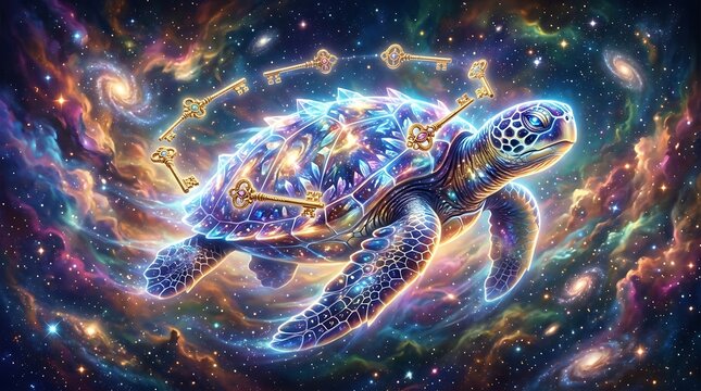 Sea turtle swimming in a cosmic nebula, shell featuring glowing star charts and zodiac symbols, with a trail of floating golden keys