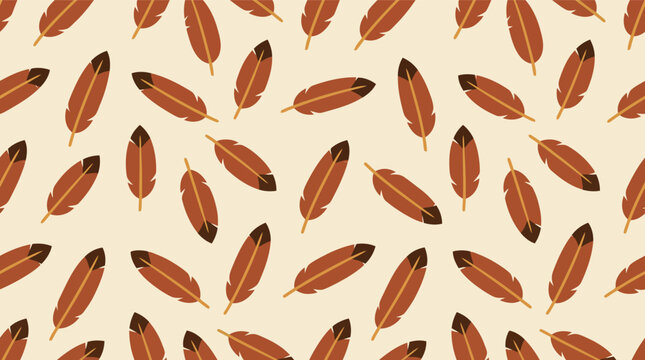Seamless brown feather pattern on beige background for textile and wallpaper design