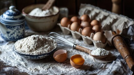 Fototapeta premium Baking ingredients eggs, flour, whisk, in a rustic, cozy kitchen, preparing for baking