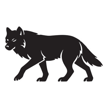 Black wolf walking side view vector graphic, an abstract logo or icon of wild canine in motion, simple animal illustration.