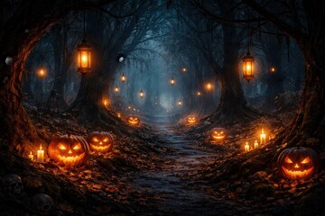 Fototapeta premium Spooky enchanted forest path with glowing lanterns jack o lanterns and eerie Halloween atmosphere