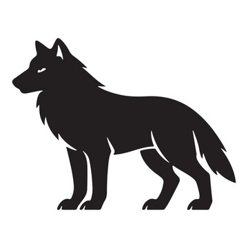 Black wolf standing side view vector graphic, an abstract logo or icon of wild canine, simple elegant animal illustration.