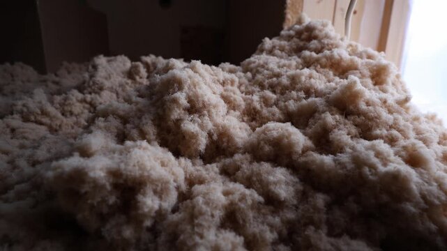 Low angle push moves over fibrous insulation piles in an unfinished attic. Daylight filters near a window, revealing wooden studs and a loose electrical cable.