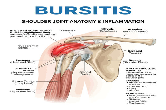 Medical illustration showing shoulder bursitis with inflamed subacromial bursa and rotator cuff anatomy.