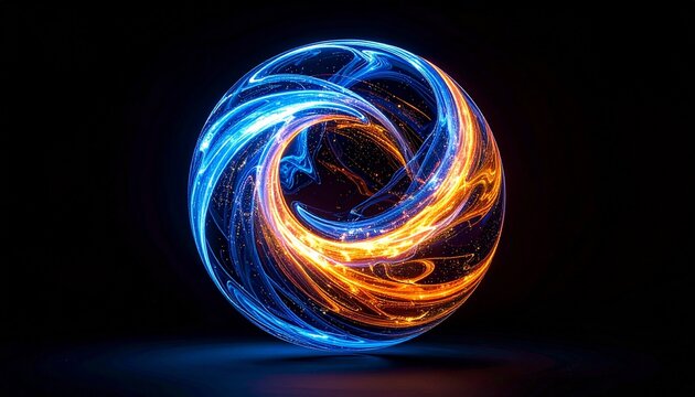 Abstract glowing sphere with swirling blue and orange light streaks forming a dynamic vortex energy concept on a solid black background.