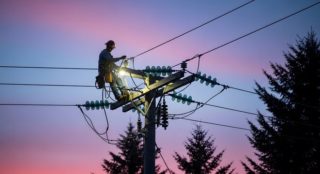 Happy labor day electrician working on power lines at sunset