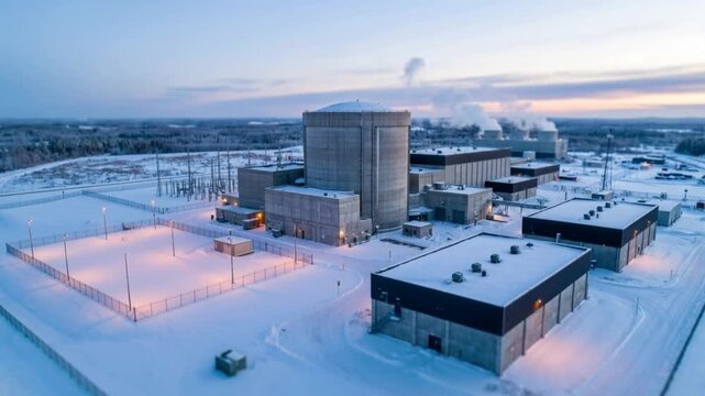 Aerial of a snow dusted modular reactor campus in winter at cold dawn