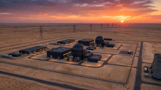 Aerial dusk of a desert small modular reactor and data center campus