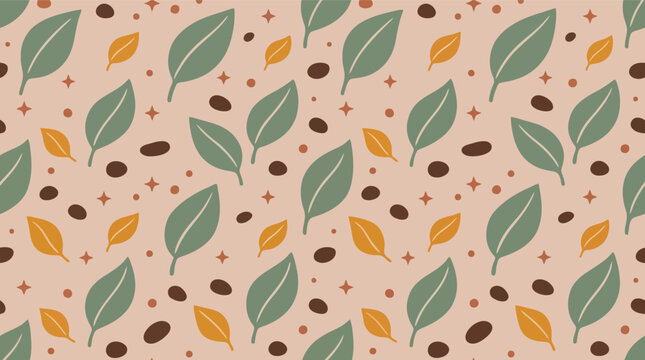 Seamless botanical leaf and coffee bean pattern in autumn colors, modern vector background