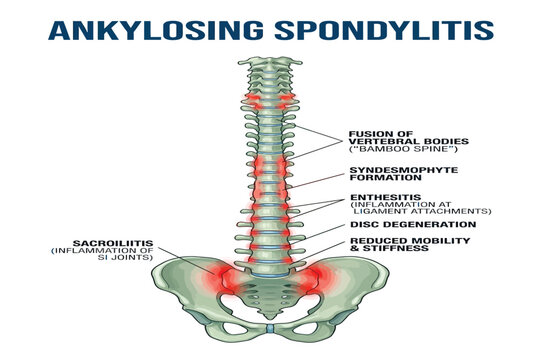 Medical illustration showing spinal inflammation and fusion in ankylosing spondylitis with labeled anatomy.