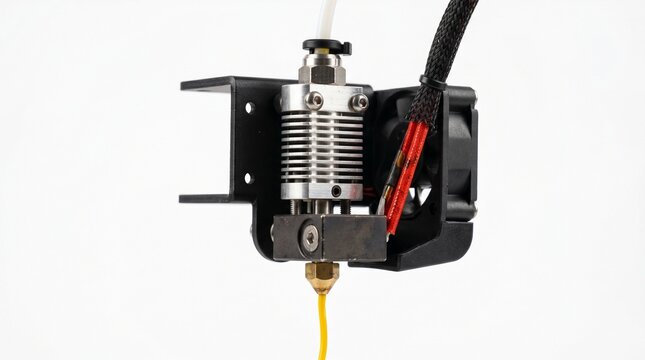 Macro view of metal 3D printer extruder nozzle with yellow filament, extruder