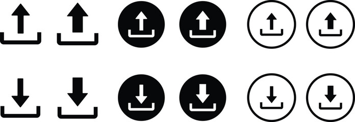 Upload and download icons with arrows in solid linear circular frames for digital data transfer interface design © Rupaly
