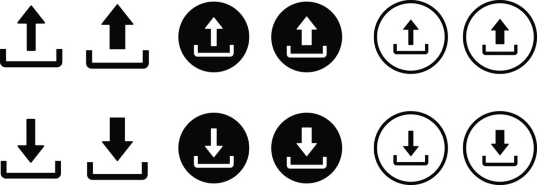 Upload and download icons with arrows in solid linear circular frames for digital data transfer interface design