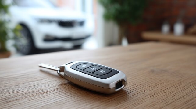 Car key on wooden table, blurred car in background