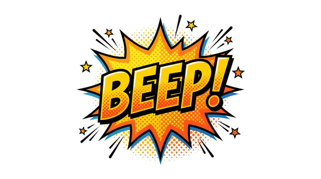 Vibrant comic book style vector illustration featuring a bold yellow beep sound effect burst with orange halftone dot texture patterns