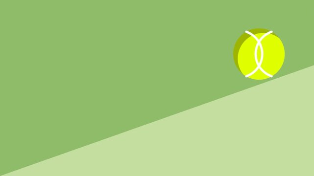 Bright green tennis ball in flat design vector illustration, resting on a diagonal incline, energetic graphic concept for sports promotion.