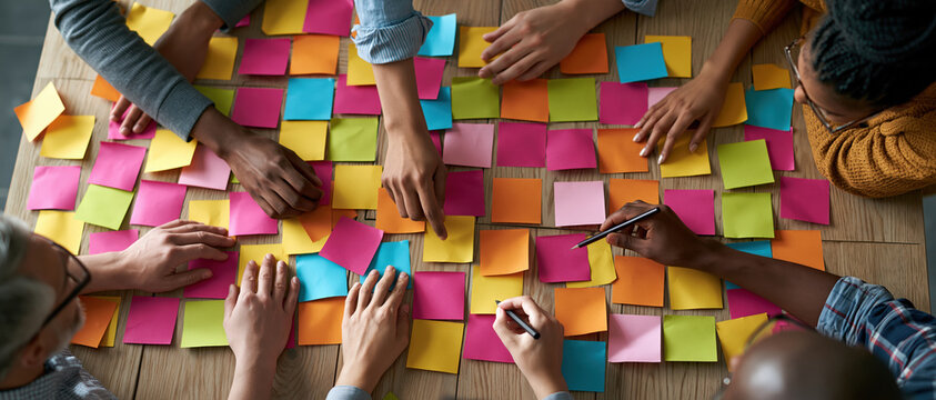 Creative energy fills the room as a diverse team collaborates over vibrant sticky notes in an aerial flat lay. Ideal for innovation, startup culture, agile workflow, and teamwork campaigns.