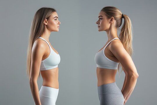 Side profile of two fit young women in sportswear standing against a grey background