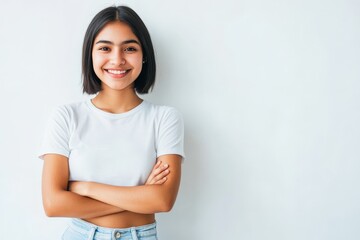 Fototapeta premium Portrait of a young woman with a bob haircut smiling with arms crossed isolated on white background
