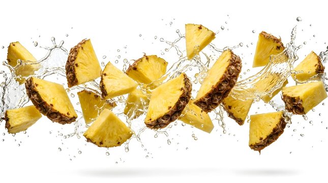 Fresh pineapple chunks falling with water splash, flying pineapple fruit slices on white background, juicy tropical fruit pieces in motion