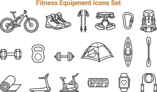 Black and white of various fitness and gym equipment exercise