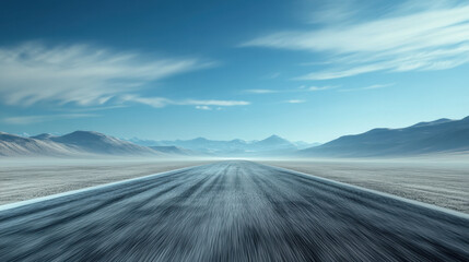 Naklejka premium Abstract road leading through desert valley under blue sky with distant mountain range and motion blur, minimalist perspective landscape