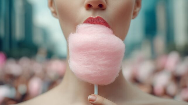 National Cotton Candy Day close-up lifestyle shot, woman holding cotton candy stick, focus on product, blurred crowd background, natural light, realistic skin tones, no logos, commercial stock phot