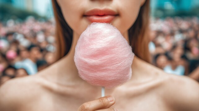 National Cotton Candy Day close-up lifestyle shot, woman holding cotton candy stick, focus on product, blurred crowd background, natural light, realistic skin tones, no logos, commercial stock phot