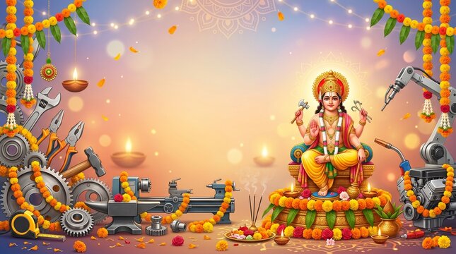 Vishwakarma Puja soft gradient background, industrial tools, machinery, engineering equipment and decorative flowers