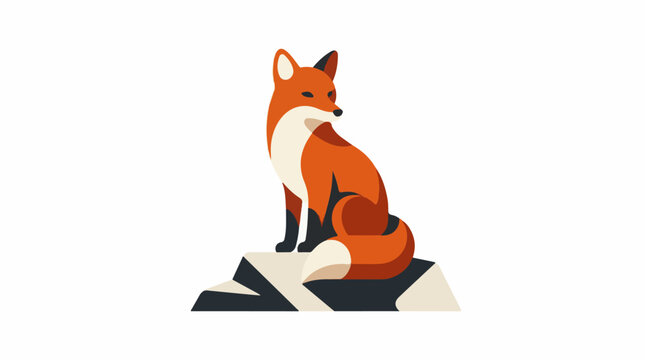 A stylized illustration of a red fox with white and black accents sitting on a rock