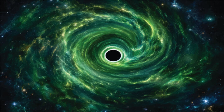 Abstract Green Black Hole Spiral Surrounded By Galactic Energy And Celestial Motion In Deep Universe