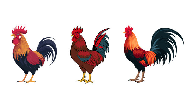 Set of three colorful roosters standing on white background with livestock cockerel illustration isolated colorful feathers standing