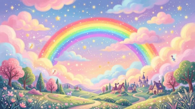 Colorful rainbow over a magical fantasy town with pink clouds and stars