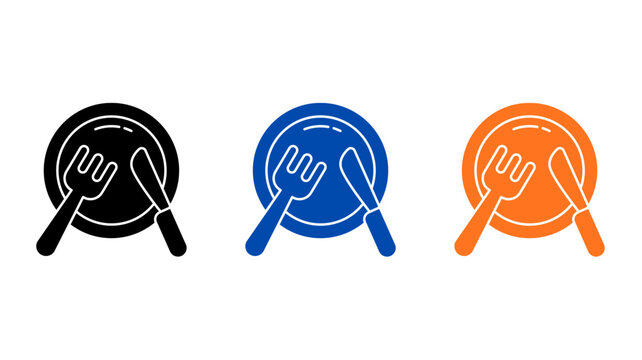 Three colorful dinner plate icons with fork and knife utensils isolated background restaurant culinary crockery dishware flatware
