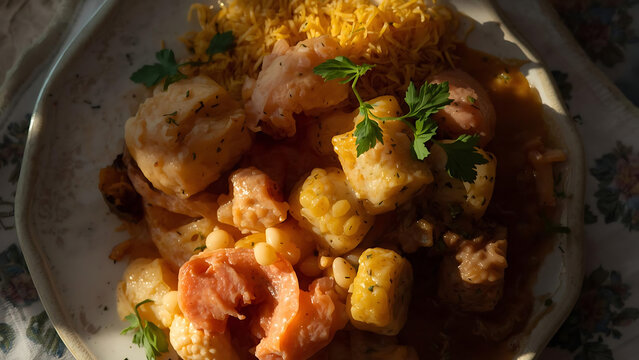 Savory Seafood Gumbo with Shrimp, Sausage, Corn, and Beans on a Plate