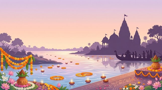 Anant Chaturdashi pastel gradient with temple silhouette, sacred river and floral ornaments