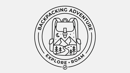 Fototapeta premium Backpacking Adventure badge with mountain landscape and hiking equipment line art illustration