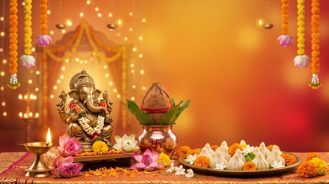 Ganesh Chaturthi gradient with modak sweets, sacred kalash, lotus flowers and glowing lights, festive devotional mood