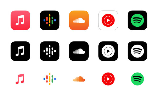 Streaming music podcast app logo icons set soundcloud, spotify, youtube music collection