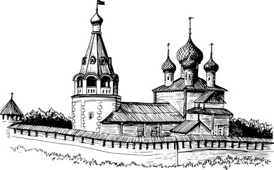 Black and white of a russian orthodox monastery with onion domes and bell tower © Bulbul