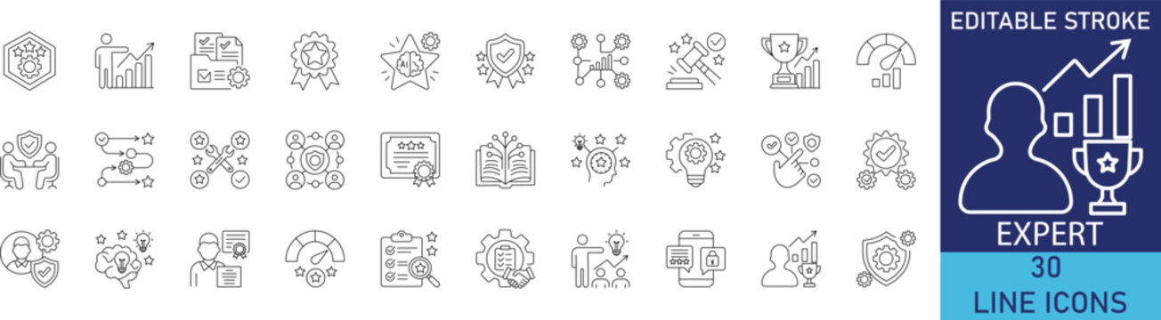 Business expert consultation and professional specialist line icon set. Vector symbols for premium quality skill, certified advisor, core competence, and strategic authority guidance.