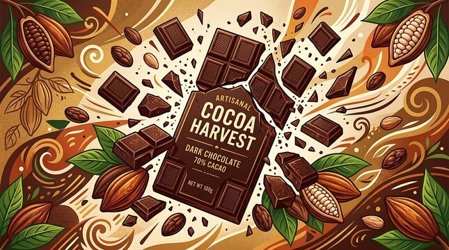 Artisanal dark chocolate bar breaking into pieces with cocoa beans