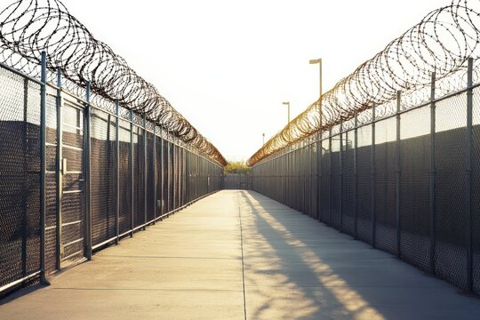 Narrow walkway between high chainlink fences topped with barbed wire at a prison facility