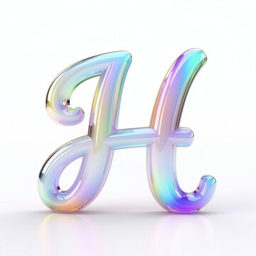 ガラス調のアルファベットH。虹色に輝く立体的なクローム3D文字。イラスト。Glass alphabet H. Holographic 3D chrome letter text. Vector illustration design.
