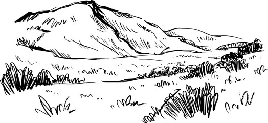 Of a vast mountain landscape with rolling hills and sparse vegetation © Bulbul