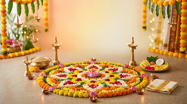 Onam soft gradient background, colorful pookalam floral arrangement with oil lamps and festive ornaments