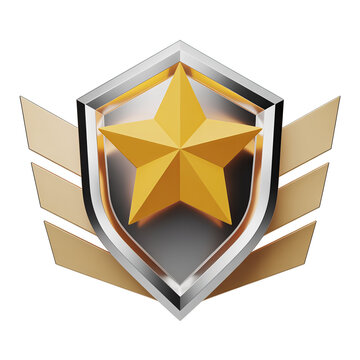 Close-up of a golden star badge with shield design