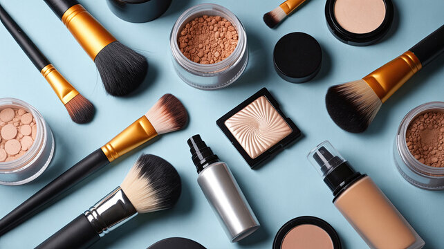 Close-up of Makeup Brushes and Cosmetics on Blue Surface
