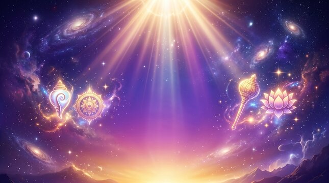 Parivartini Ekadashi gradient with cosmic sky, Vishnu symbols and divine light rays, mystical spiritual mood